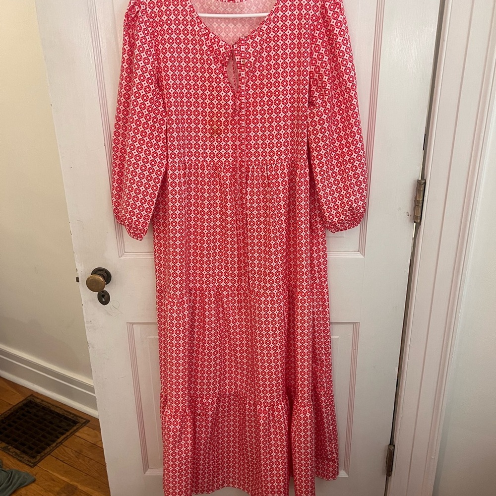 Red Tiered Ruffled Midi Dress with Bishop Sleeves